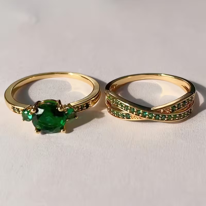 Conjunto de Anéis Duo de Gemas Douradas Elegantes