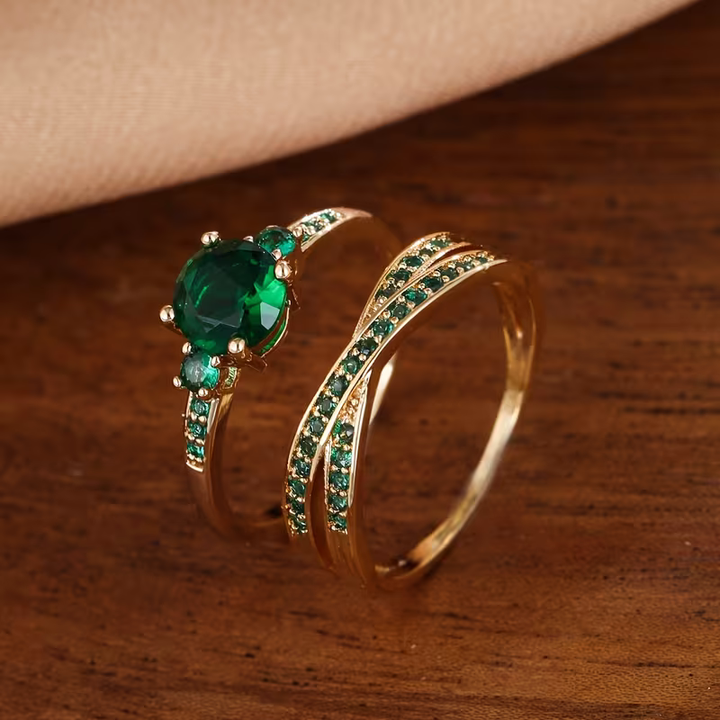 Conjunto de Anéis Duo de Gemas Douradas Elegantes
