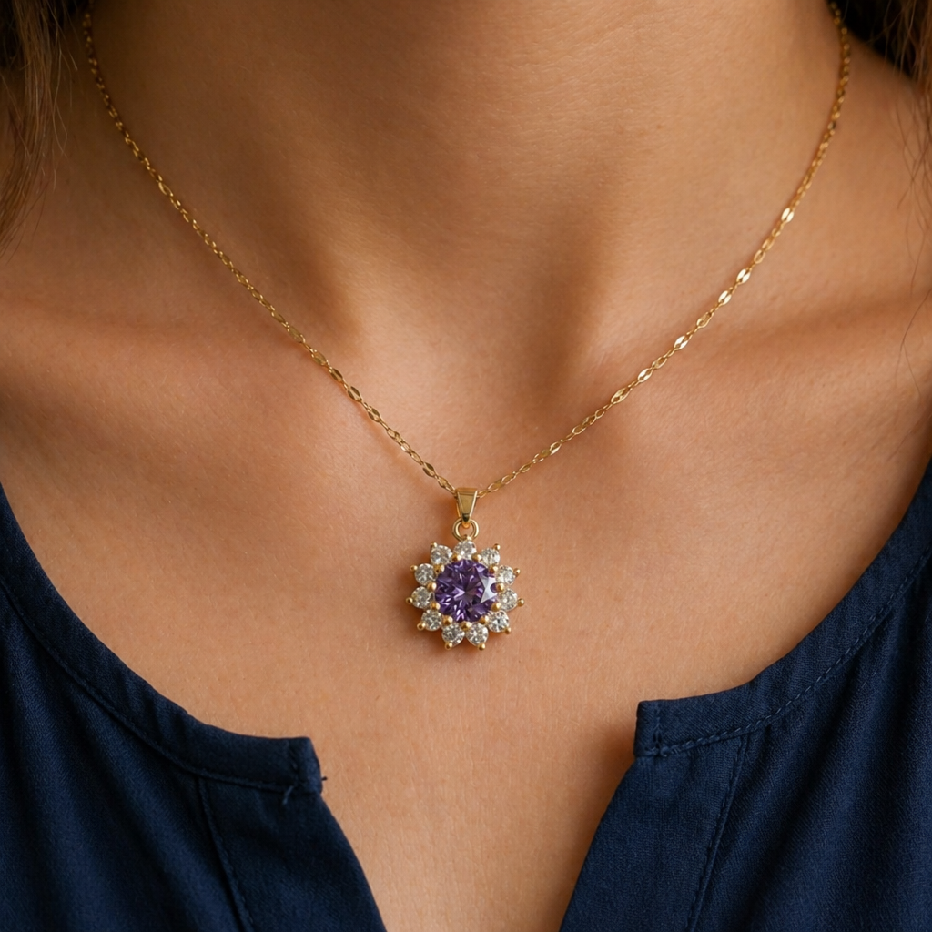 Colar de Ouro com Girassol de Ametista Elegante