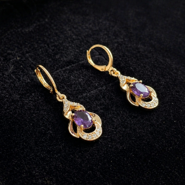 Brincos Elegantes de Gota de Ametista em Ouro Rosa