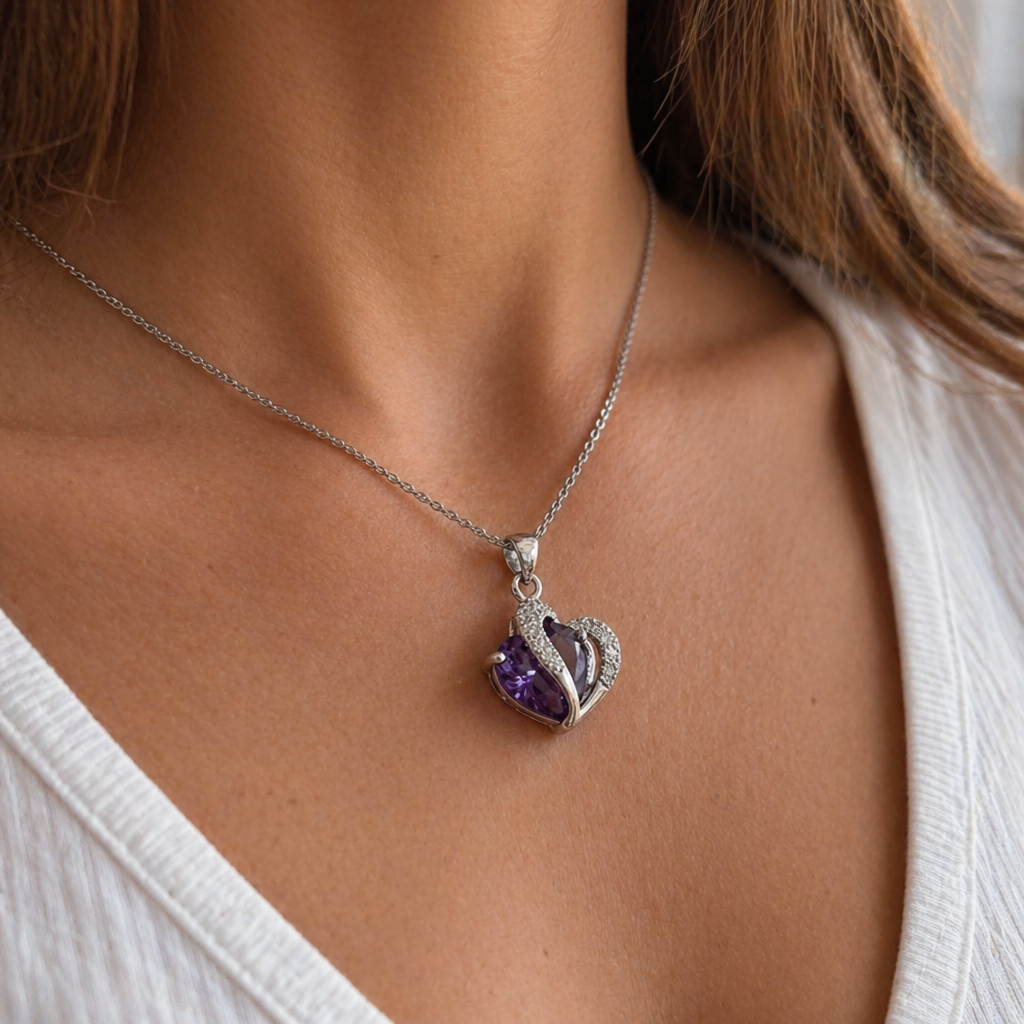 Colar de Coração de Ametista Elegante em Ouro Branco