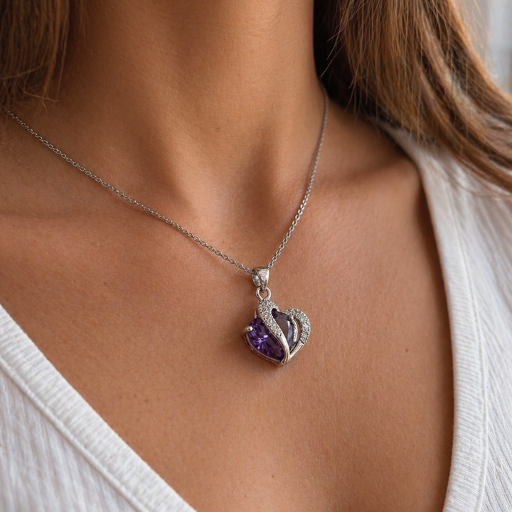 Colar de Coração de Ametista Elegante em Ouro Branco