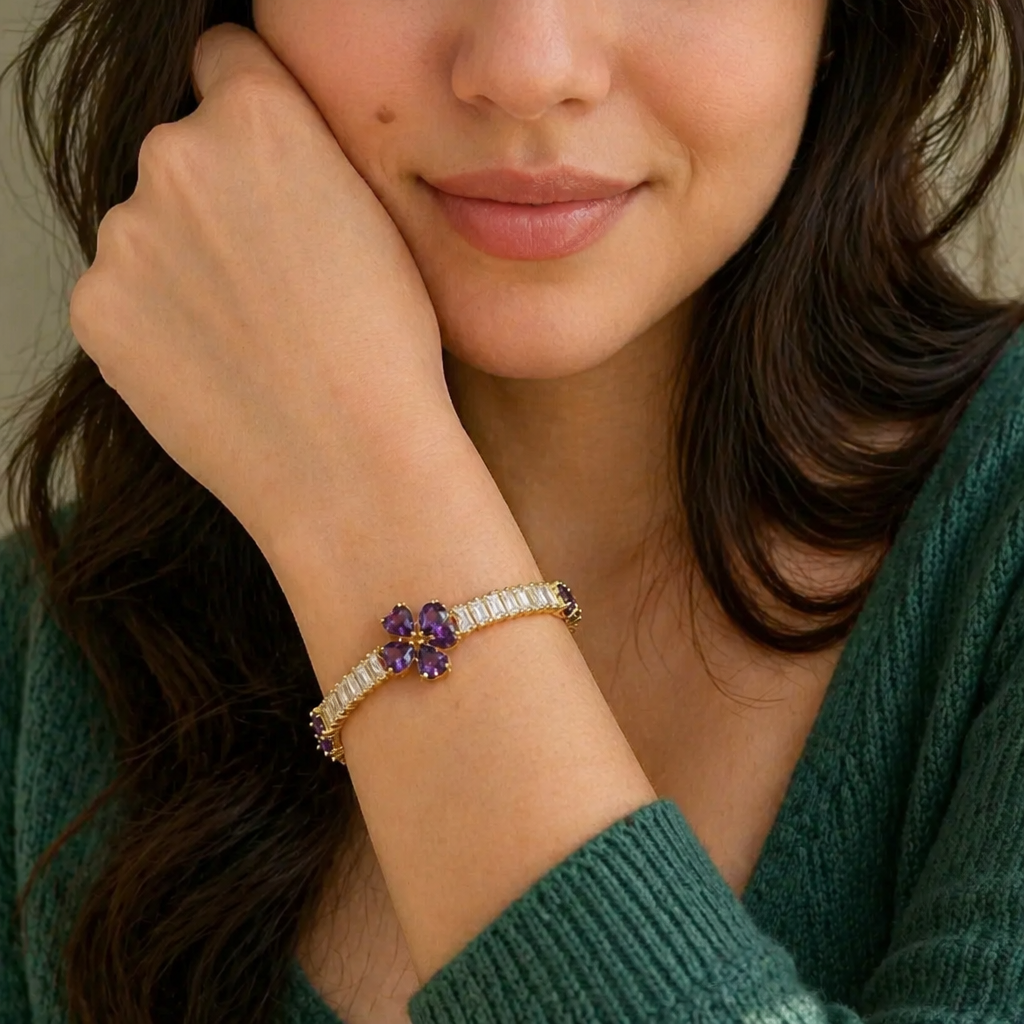 Pulseira de Ouro com Ametista Elegante