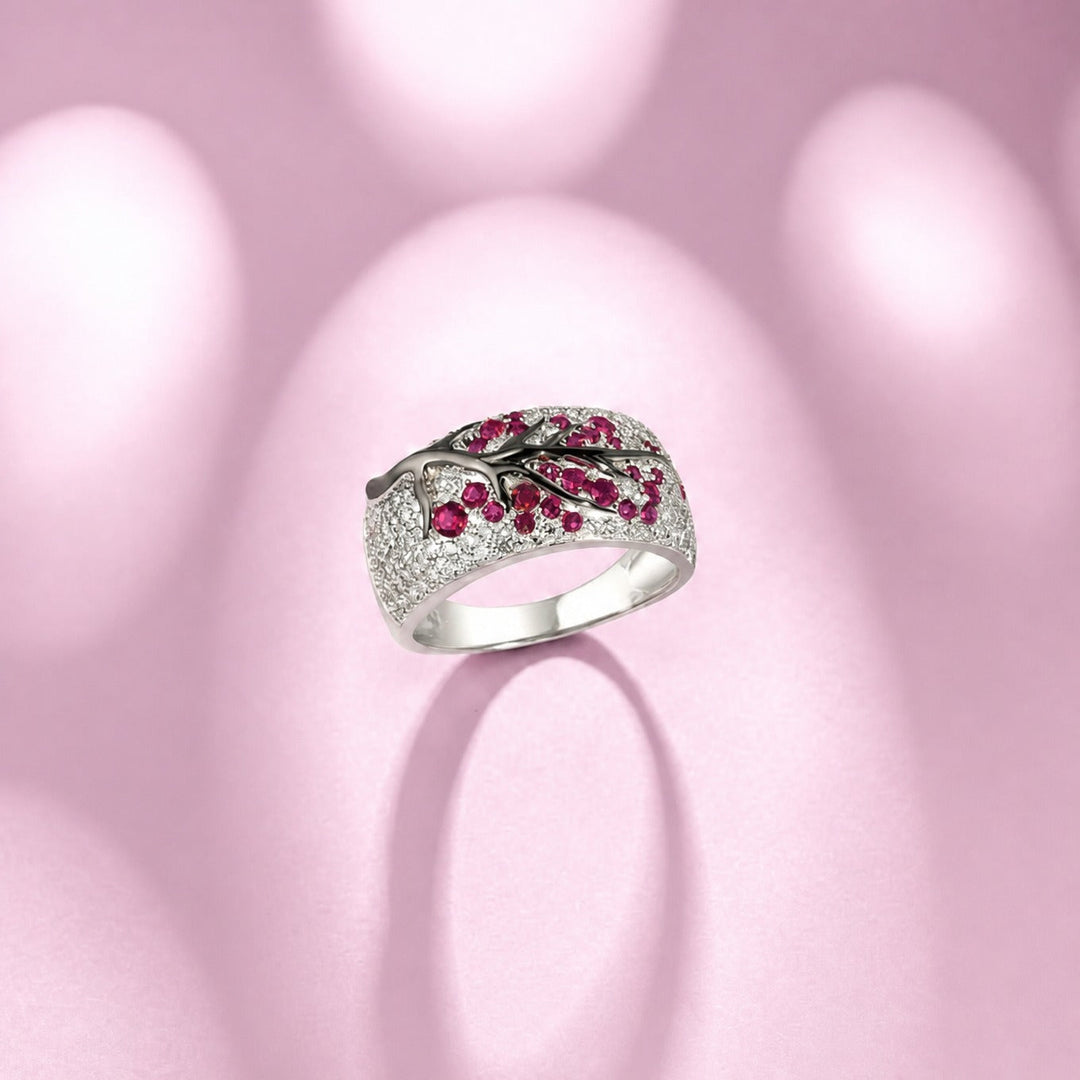 Anel de Ouro com Flor Rubi Elegante