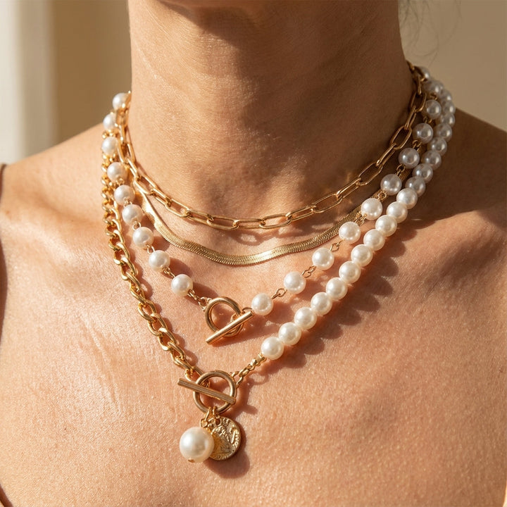 Conjunto de Colar Camadas de Pérolas Modernas