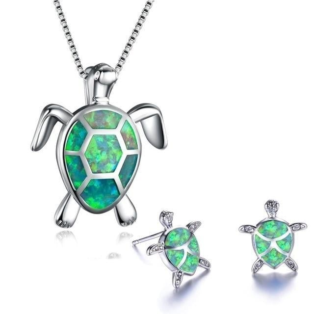 Colar de Tartaruga Marinha + Conjunto de Brincos em Opala e Prata
